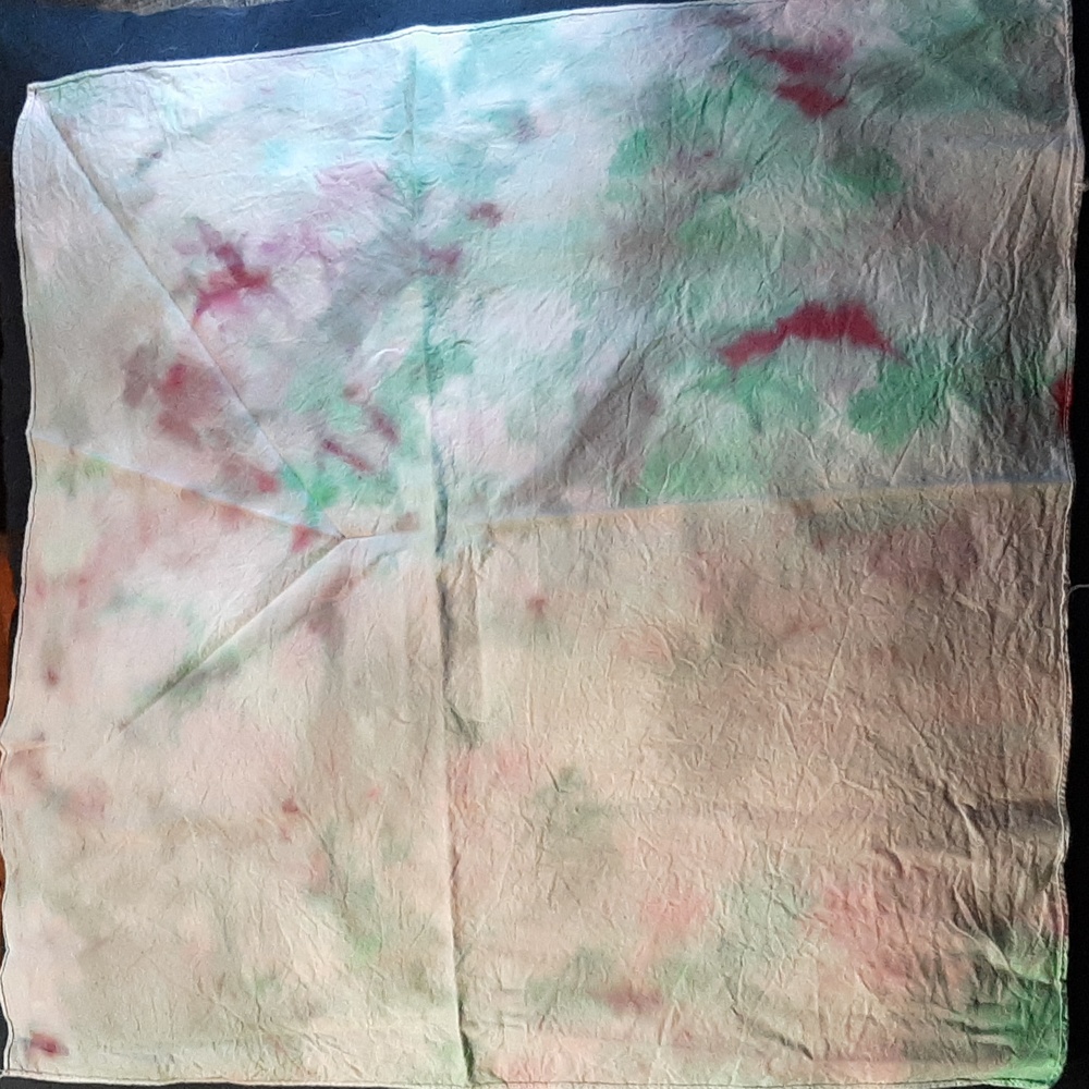 Hand Dyed Bandana. Ice Dyed Scrunch, pink and green tie dye